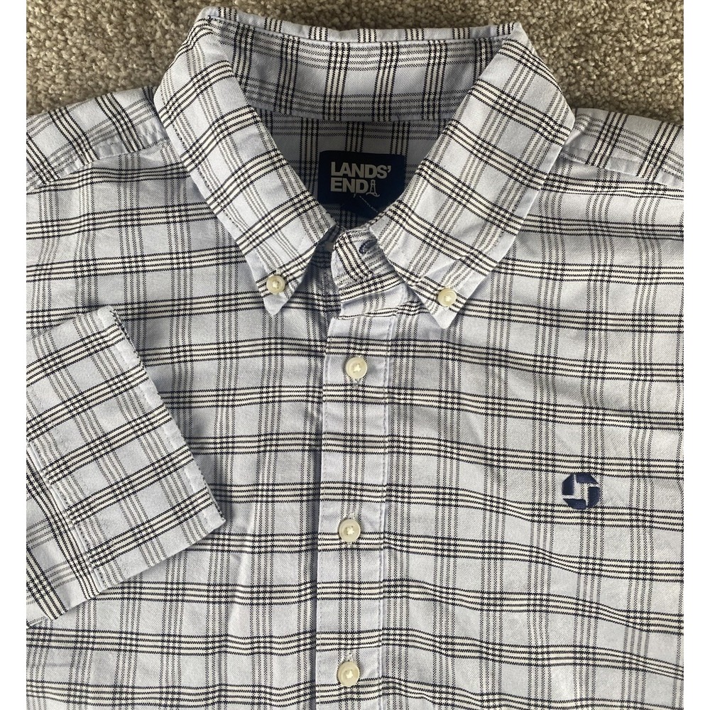 Lands Ends Chase Bank Blue Plaid 3 Button Polo Long Sleeve 15-15.5 Mens M Preppy - Picture 1 of 8